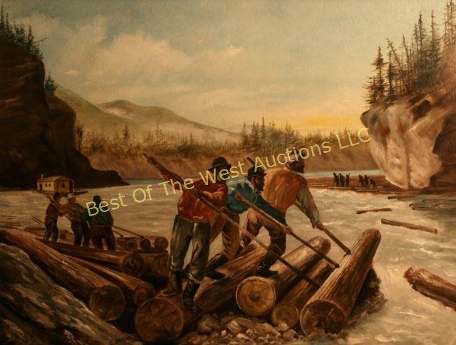 C. Deacon, Oil on Board,: Log rolling river scene, 18-3/4" x 24-1/2" sight, Signed lower right, Note on verso says " As found at the Lenora Hotel 1st Ave. Seattle, Washington", -562158-