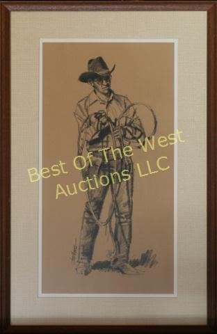 Joe Hobbs (1934-), Charcoal Drawing: "Cowboy", 18' x 9" sight, Signed lower left -562134-B