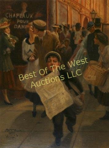 R.V. McBain, Oil on Artist Board,: "French News Boy", copied from a drawing done by Andre Castaigne, 24-1/2" x 18-1/2", -562604- A