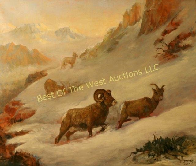 V. Lowrey, Oil on Canvas,: "Big Horn Sheep in Snow," 20" x 24", signed lower right, '74, -562483-F