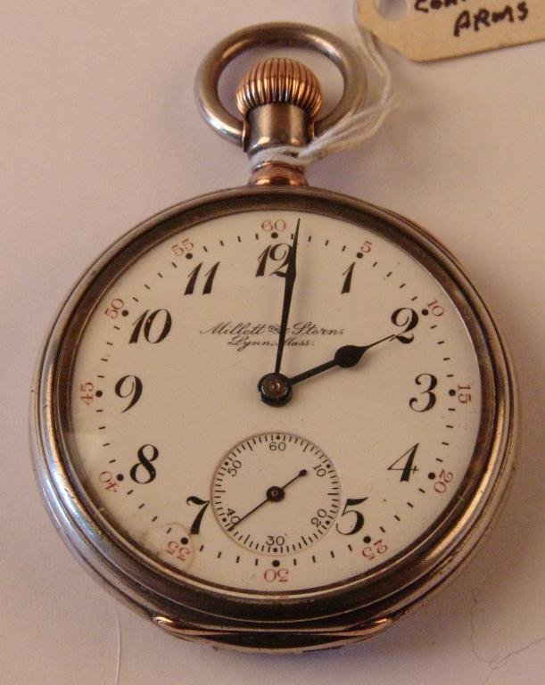 Vintage Pocket Watch,: Millet and Sterns Lynn,Mass., Watch by Millett and Sterns Lynn,Mass., Movement by Vacheron, Constantin Transition, Switzerland, rear outer hinge partially detached, inner hinge still attached, silver 