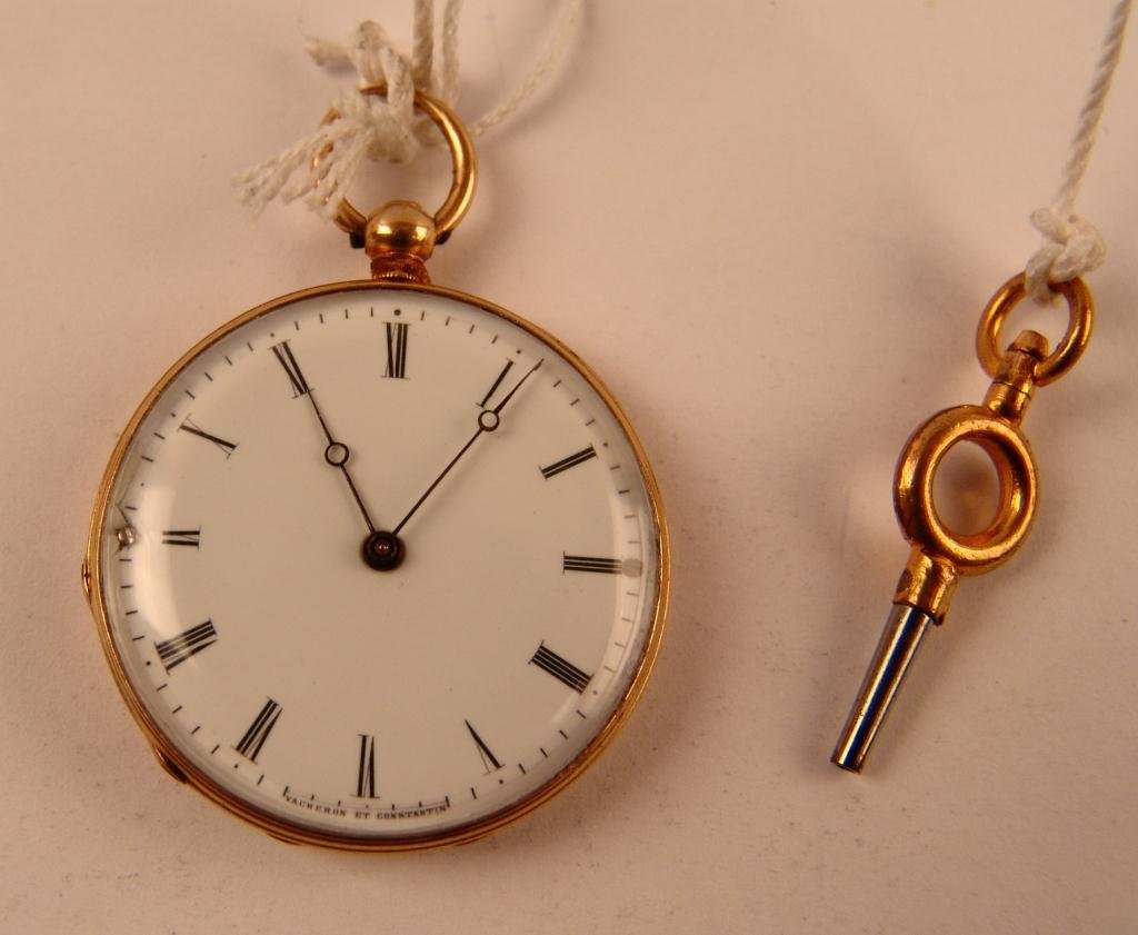 Vintage Pocket Watch,: Vacheron et Constantin Geneva, Dings on back of case, minor crease, some scratches inside both doors, 4 jewels 18 kt. gold (tests), runs, -572005- All watches are untested and not guaranteed, buyer sh