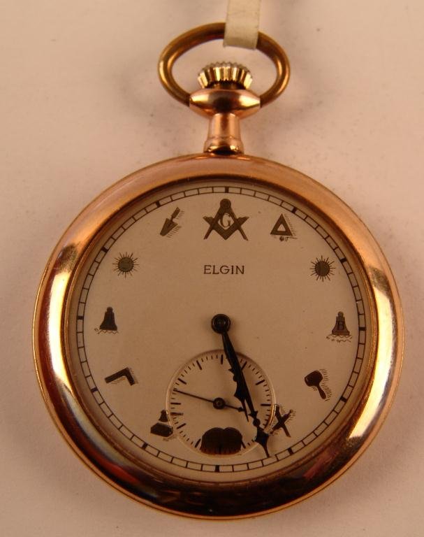 Vintage Pocket Watch,: Elgin, Masonic dial, Case stamped Wadsworth Referee Warranted 20 years, runs, 46mm, -572032- 15 jewels Yellow gold filled, , Case condition Good, All watches are untested and not guaranteed, buyer sho
