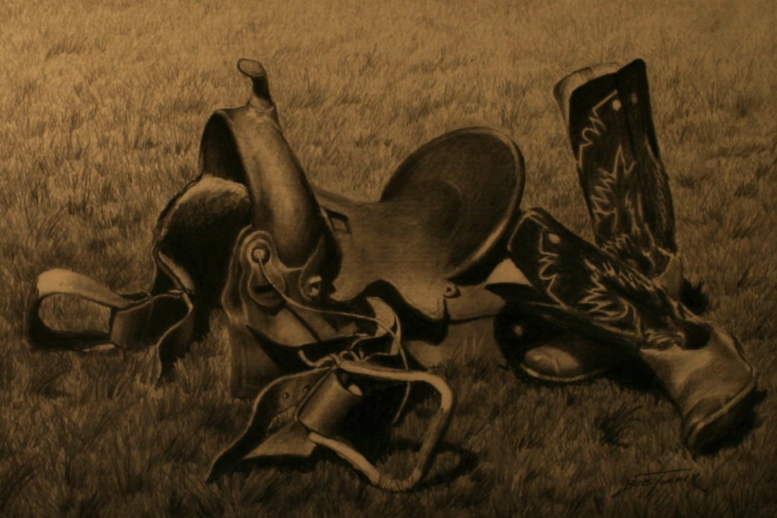 Bob Tommey (1928-), Graphite,: Still life, boots and a saddle, 12" x 18" sight, signed lower right, -562380-B