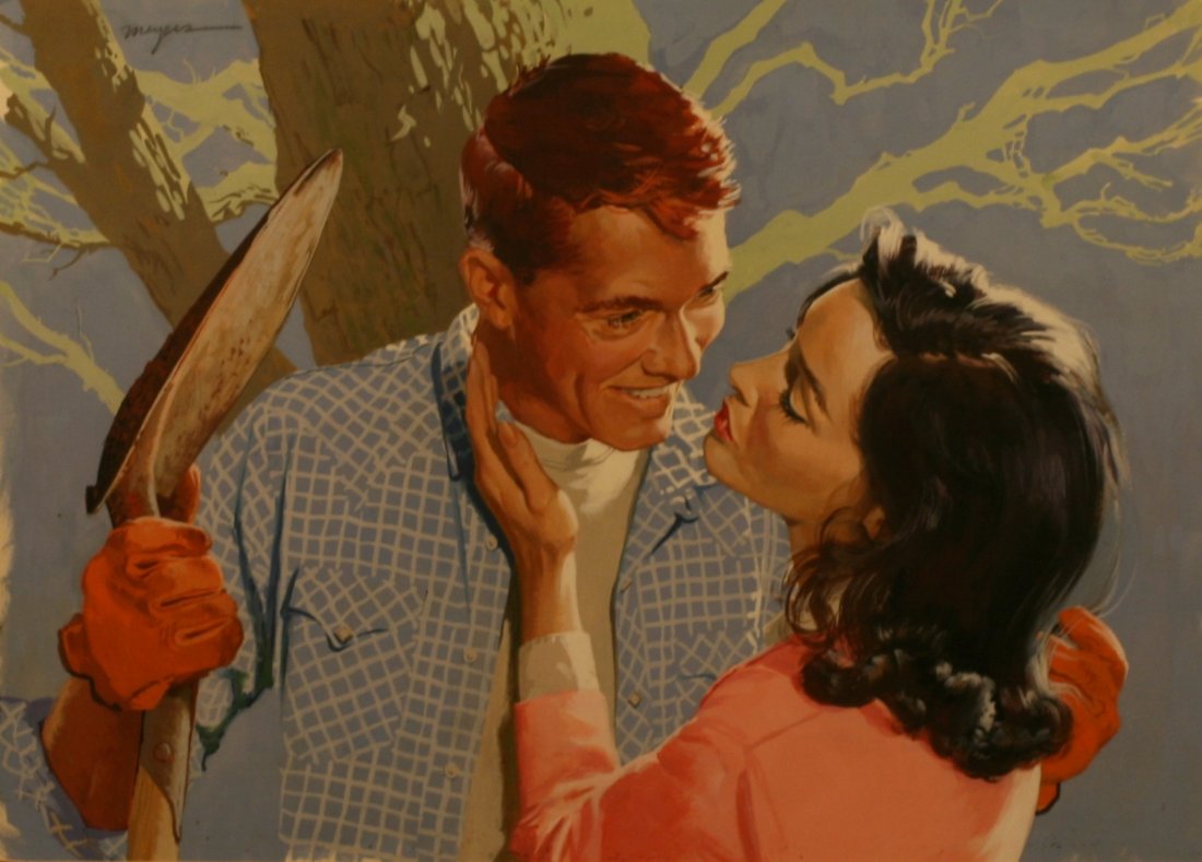 Robert Meyers, (1919-1970), Gouache,: "Experiment in Love", couple under a tree, 15" x 22" sight, pencil signed top left, -562440-A