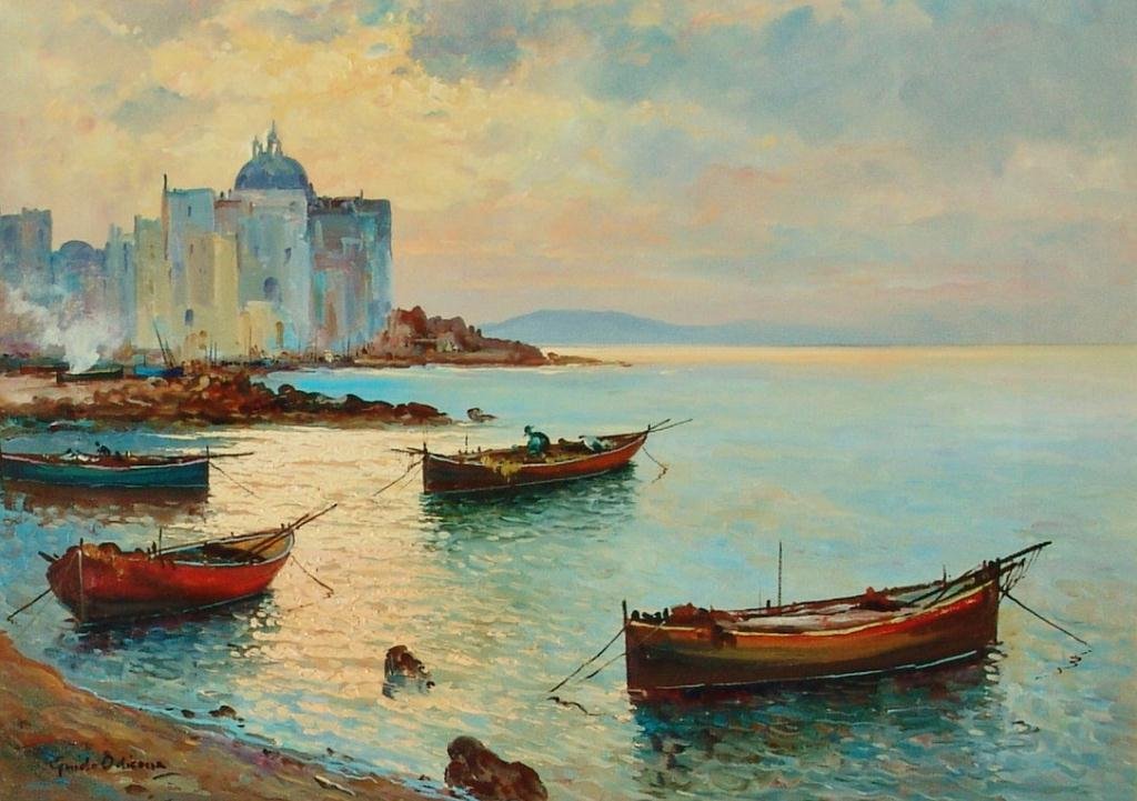 Guido Odierna (1911-1991), Oil on Canvas,: Mediterranean Seascape, Landscape of a water scene of a Venice landmark, Appears as the domed church of Santa Maria Della Salute, 20" x 28" sight size, signed lower left,