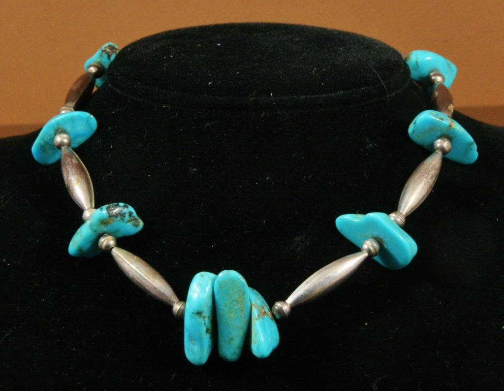 Silver Bead Choker,: Navajo Turquoise and silver bead choker, with 9 nuggets, 15" long, -538002-