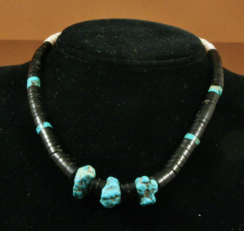 Turquoise Necklace,: Jet and turquoise heishi necklace, 3 turquoise nuggets choker. 15" long, -568048-