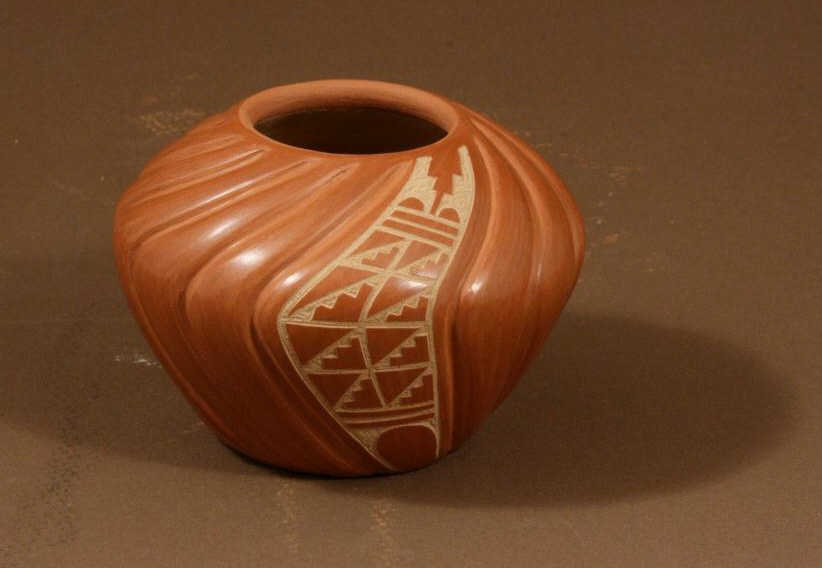 Jemez Pot,: By Pauline Romero, carved redware with scrafitti, 2-5/8" x 3-3/4" dia., -568085-
