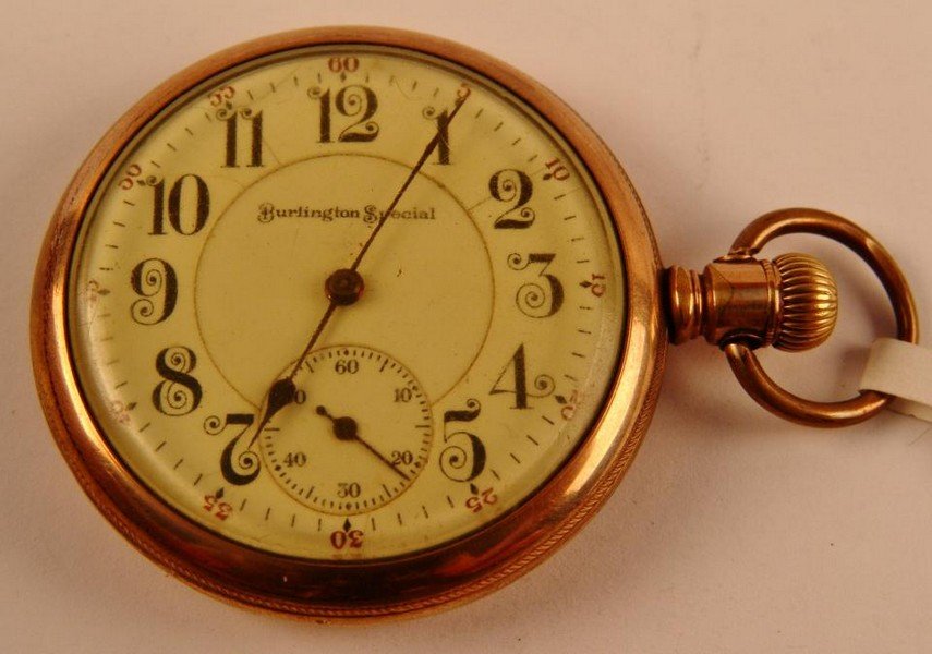 Vintage Pocket Watch,: Burlington Special, Movement by; Burlington Watch Co., 19 jewels, watch case 20 years guaranteed by Philadelphia Watch Case Co., runs, YGF, 46mm diameter, -572082-