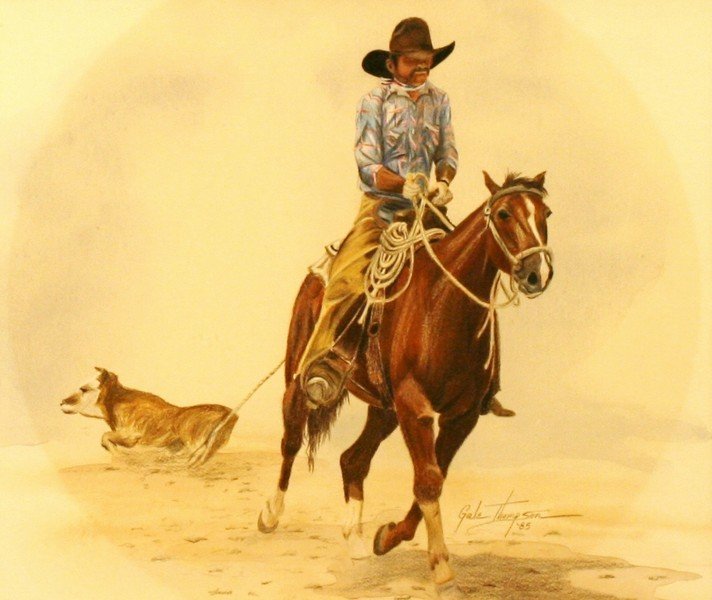 Gale Thompson, Prisma Color Pencil,: cowboy on horseback, 12" x 14" sight, signed lower right, '85, -562087-C