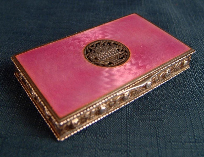Sterling and Enamel Box & Guilloche,: Guilloche work on top and bottom, edge is banded with roses and vines, center cartouche is pierced carved with a bouquet of roses, very heavy box, 126 grams, 3-1/2" x 2" x 1/2",