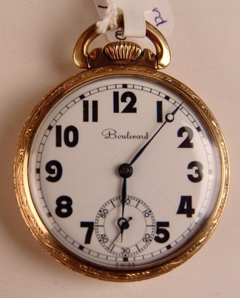 Vintage Pocket Watch,: Boulevard, Swiss Movement by; MA. Mead and Co. grade 470, seventeen jewels, watch case Boulevard Star Case 10k gold rolled plate, runs, 48 mm, -572093-
