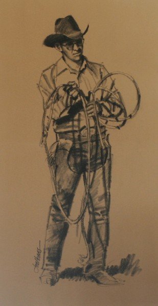 Joe Hobbs (1934-), Charcoal Drawing: "Cowboy", 18' x 9" sight, Signed lower left -562134-B