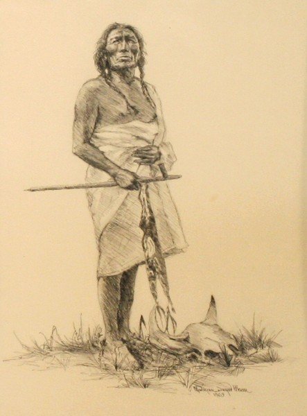 Marilyn Dwyer Mason, Pen and Ink,: Indian man and skull, 12" x 9", sight, signed lower right, 1969, -562499-D