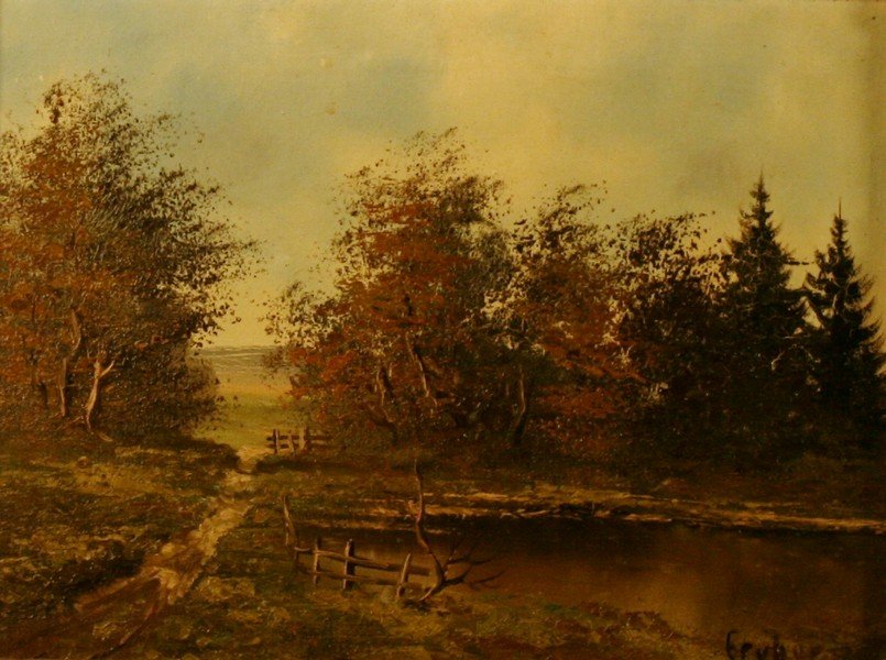 Gruber , Oil on Canvas,: landscape, pond by a path, 12" x 16", signed lower right (see photo), -562133-D
