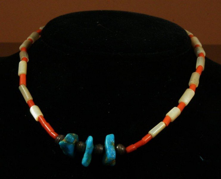 Turquoise Choker,: Coral, mother of pearl and turquoise nugget choker. 14" long, -568046-
