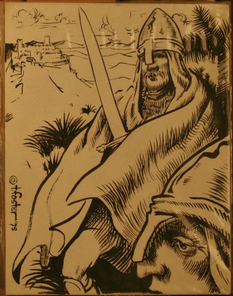 Tom Foster, Pen and Ink,: 2 crusaders in helmets, 11" x 8-1/2", signed lower left, '75, -562348-L