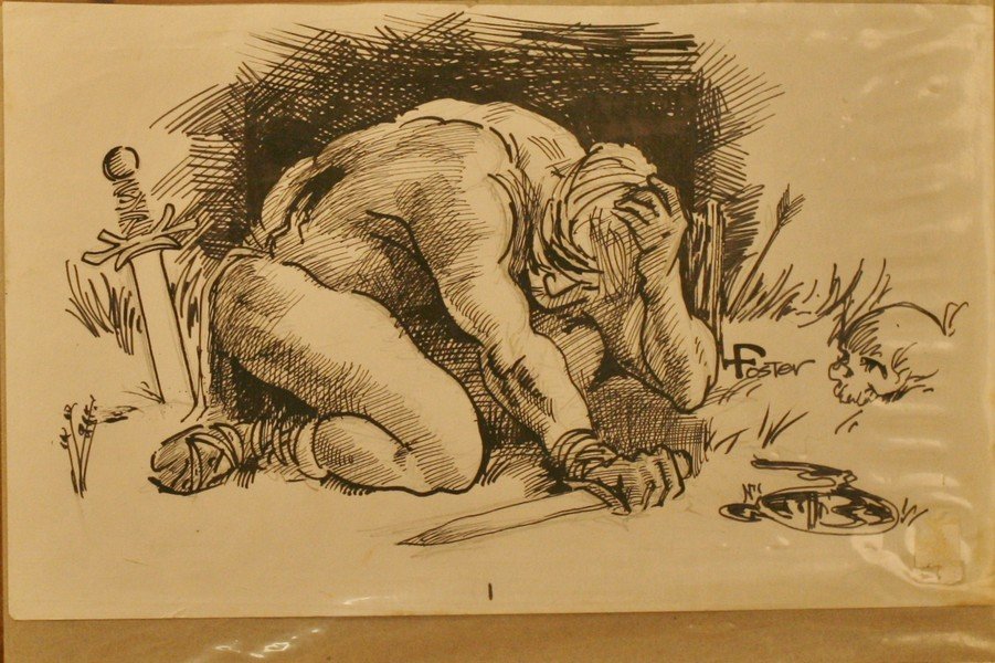 Tom Foster, Pen and Ink,: Kneeling man and sword in stone, 6-1/2" x 10-1/5", , signed right, -562347-L