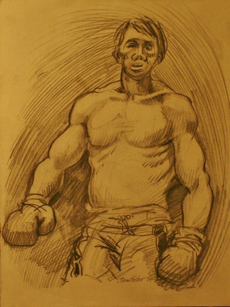Tom Foster, Graphite,: Portrait, boxer in gloves, 13" x 10", signed lower left,'75, -562344-L