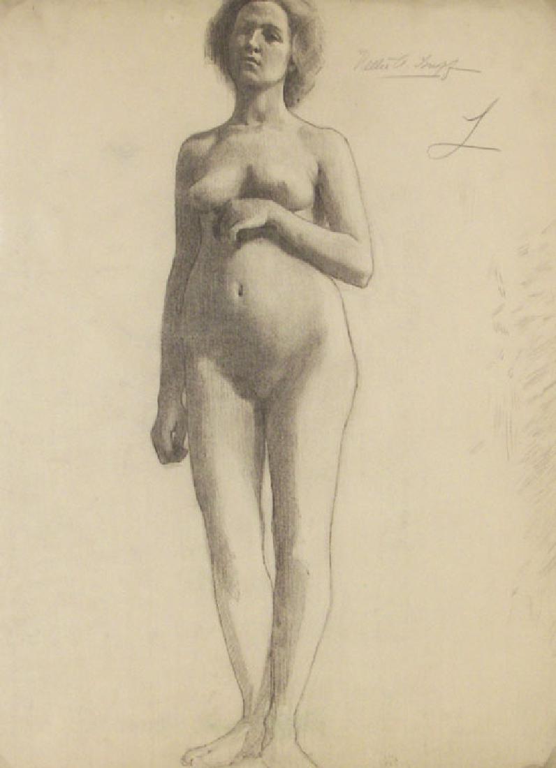 Nellie A. Knopf,Charcoal: , (4880) Nellie A. Knopf (1875-1962), Charcoal, "Nude", 24 3/8" x 17 1/4", Signed Upper Right, Condition: upper edge of paper is worn - see images