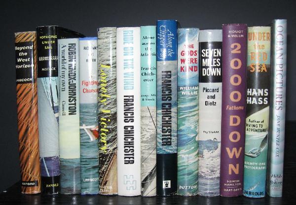 (TRAVEL/NAUTICAL).: Lot of 13 books: HISCOCK. Voyaging Under Sail. 1960; KNOX-JOHNSTON. A world of my own. 1969; TARBARLY. Lonely Victory. 1965; CHICHESTER. Along across the Atlantic. 1961; CHICHESTER. Along the Clipper