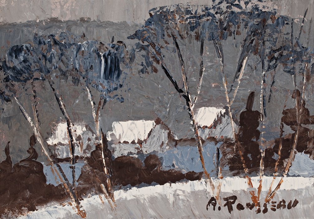 ALBERT ROUSSEAU: CANADIAN 1908-1982, Charlevoix, Acrylic on canvas, signed; titled & dated 1980 on reverse, 9 x 13 in, 23 x 33 cm.