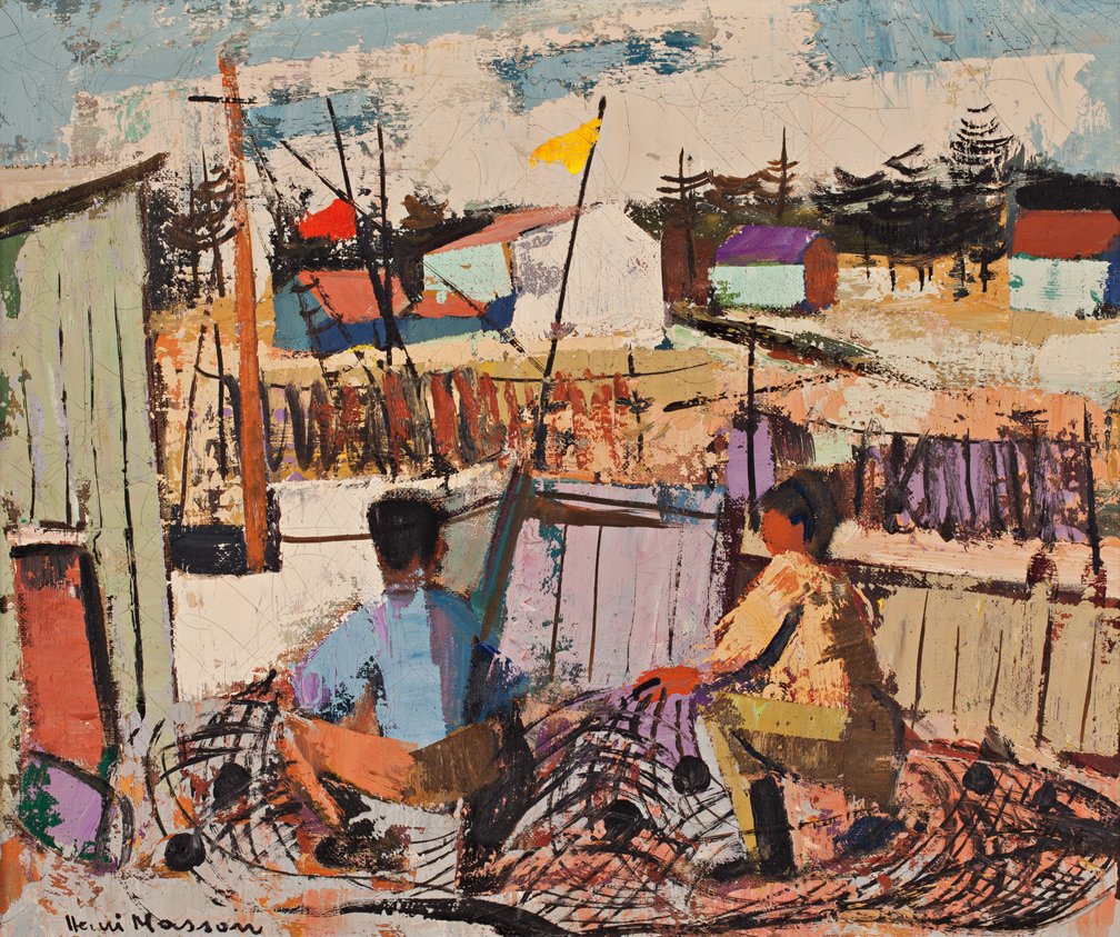HENRI MASSON: CANADIAN, 1907-1996, Folding the Nets, Oil on canvas, signed, 15 x 18 in, 38 x 45.5 cm.