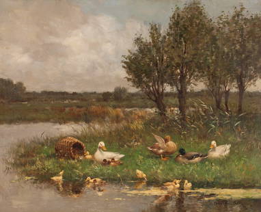 DAVID CONSTANT ARTZ: DUTCH, 1837-1890, Ducklings at Play, oil on canvas, signed, 16 x 20 in, 40.5 x 51 cm.