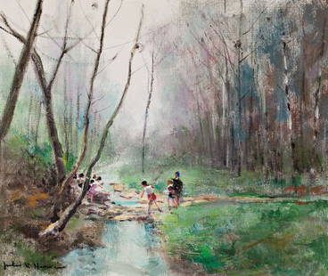 JULES RENE HERVE: FRENCH, 1887-1981, Children by a Stream, oil on canvas, signed, 18.25 x 21.5 in, 46.5 x 54.5 cm.