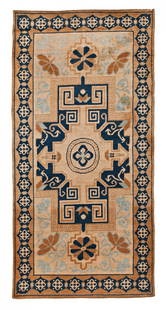 JAPANESE HAND WOVEN HEMP RUG: circa 1920,. Chinese/Tibetan influenced floral design with central medallion, woven in shades of blue & brown. 36.5 x 74 in, 92.5 x 188 cm.