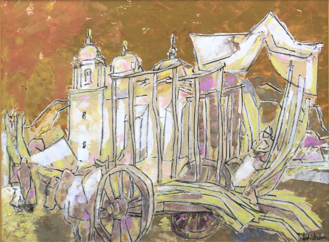 ANDRE BIELER: CANADIAN, 1896-1989, Sugar Canes, Oaxa, acrylic & mixed media, signed; Titled & dated 1971 on a label on reverse, 10.5 x 14 in, 26.5 x 35.5 cm.