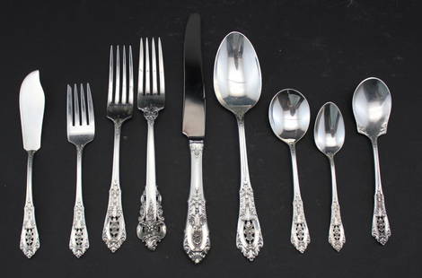 WALLACE STERLING FLATWARE SERVICE: AMERICAN, mid 20th century. Fine set in the Rose Point pattern, comprised of- 8 Dinner Knives,9 Dinner Forks,15 Salad Forks,12 Tea Spoons, 8 Large Tea Spoons, 8 Bouillon Spoons, 8 Butter Spreaders, 3