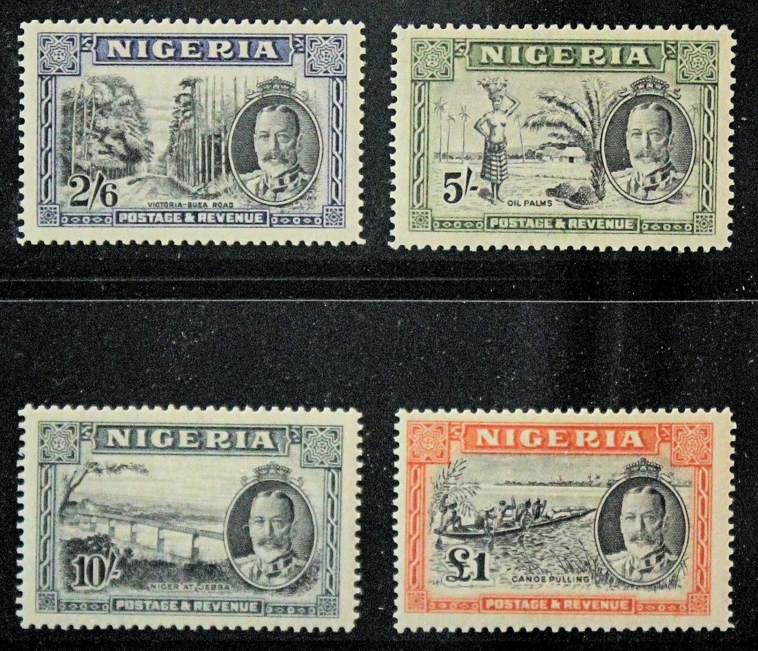 NIGERIA 1936 KGV PICTORIALS: SC# 38-49, ** 1/2d- 1 pound cpl., 2d one pulled perf. at bottom, o/w n.h., fresh & f.-v.f. U.C.S. Cat. Val. $325