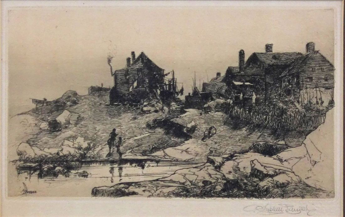 STEPHEN MAXFIELD PARRISH: American, 1846â€“1938, Children by the Shore, Etching, signed and inscribed '36 in the plate; also signed in the margin 5.5 x 9.25 in, 14 x 23.5 cm.