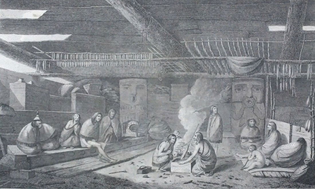 THE INSIDE OF A HOUSE IN NOOTKA SOUND: Published in London 1784, Engraving, Engraved by W. Sharp based on a drawing by John Webber, plate 42, scene from Cook's third expedition. 8.75 x 14.5 in, 22 x 37 cm.