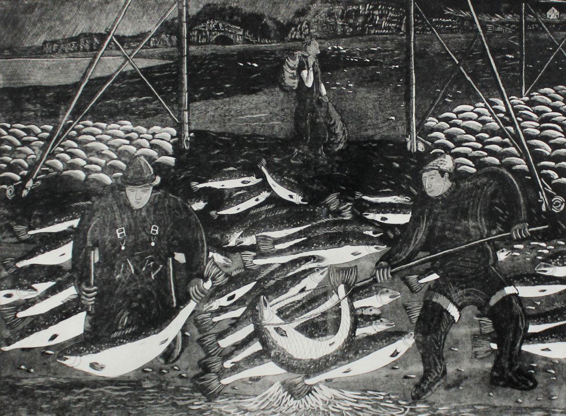 JOHN NEVILLE: Canadian, born 1952, Salmon at Race Point Weir, Engraving, signed, titled & dated June '93 in graphite.