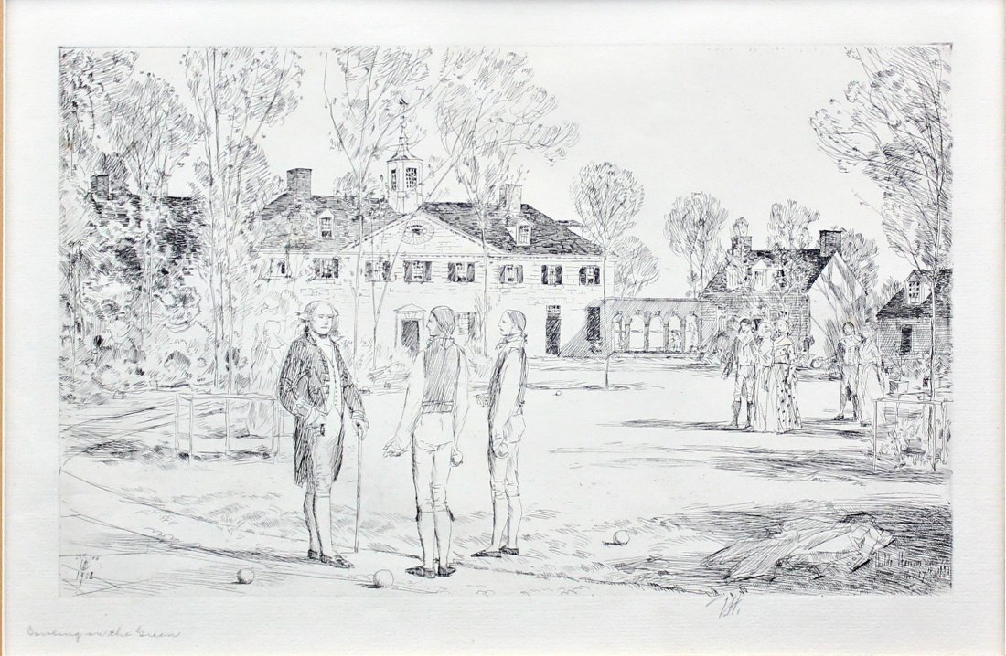 FREDERICK CHILDE HASSAM: American, 1859-1935, Bowling on the Green, Etching, monogrammed & dated 1931/2 in the plate; monogrammed & titled in the margin. 8 x 13.25 in, 20.5 x 33.5 cm.