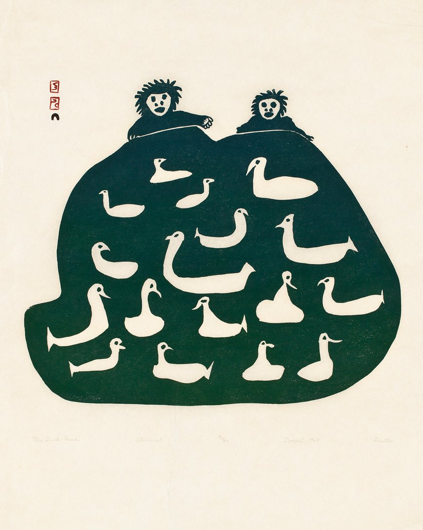 Pudlo Pudlat (1916-1992) m.: Printmaker: Lukta Qiatsuq (1928-2004) m., Cape Dorset, The Duck Pond, 1963 (Dorset release 2002), stonecut, 15/40, 24 x 18 in, 61 x 45.7 cm. ... The great appeal of Pudlo’s drawings and prints is du