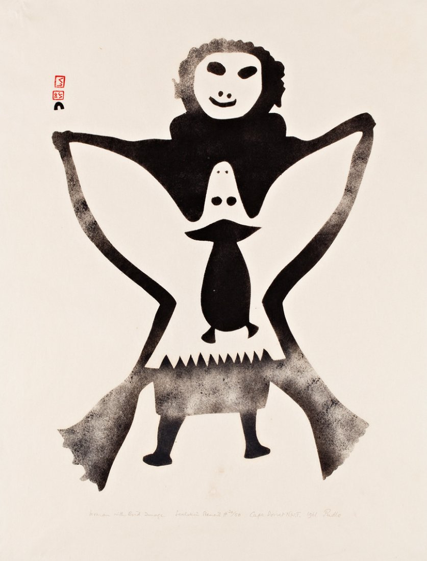 Pudlo Pudlat (1916-1992) m.: Printmaker: Eliya Pootoogook (1943-) m., Cape Dorset, Woman with Bird Image, 1961 #14, stencil, 20/50, 23.75 x 18.5 in, 60.3 x 46.9 cm. ... Pudlo began drawing in 1959 or 1960; 1961 was the year that 