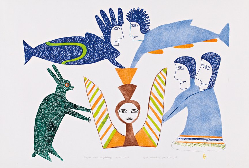 Jessie Oonark (1906-1985): Printmaker: Myra Kukiiyaut (1929-2006), Baker Lake, Figures from Mythology, 1986 (Baker Lake Series), stonecut and stencil, 8/30, 25 x 37 in, 63.5 x 94 cm. Provenance: an American private collection.
