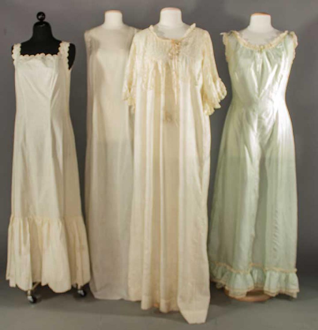 FOUR PIECES LINGERIE, 1900-1910: 1 white China silk negligee, bell sleeves & Val lace, (large front stain) fair; 1 pale blue princess slip, (stains & tears) poor; 1 handkerchief linen plain night gown, square neck, excellent; 1 white