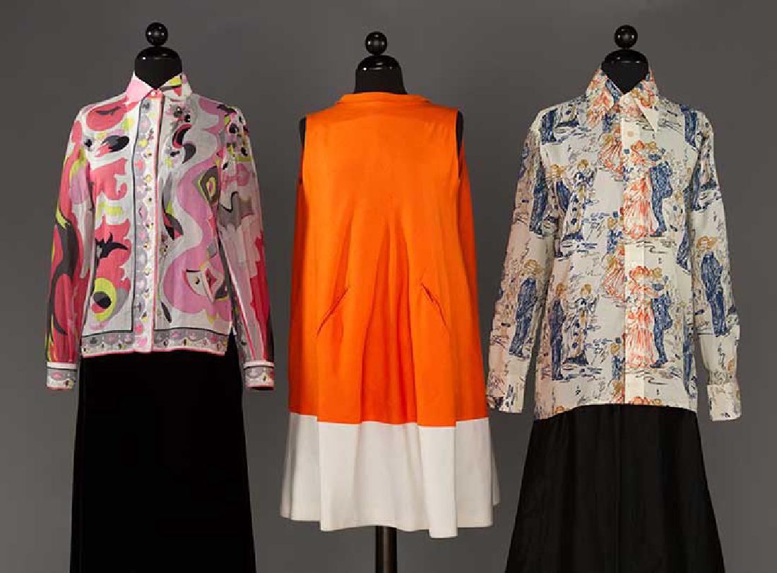 3 DAY GARMENTS, 1960-1970s: 1 "Pucci" cotton voile blouse, B to 33", L 23", excellent; 1 deadstock "Male Duds" polyester shirt, CH 40", L 27", excellent; 1 color block orange & white tent dress, 2 pockets to side seams, B 36", L