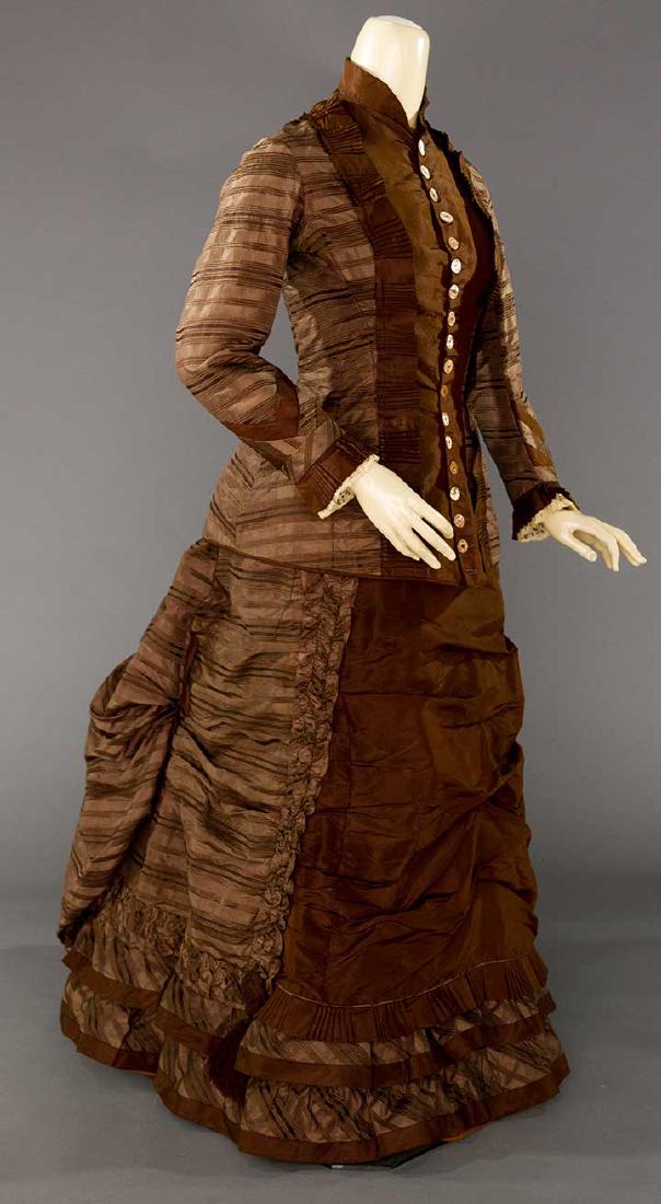 BROWN STRIPED SILK BUSTLE DRESS, 1870s (1 of 9)
