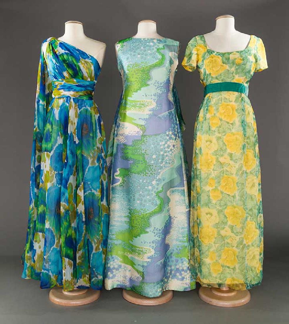 THREE BLUE OR YELLOW PRINT SUMMER GOWNS, 1960-1970s (1 of 10)