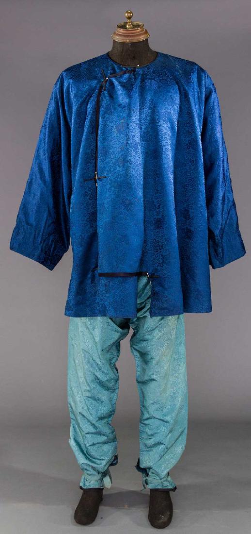 MAN'S ROBE & PANTS SET, CHINA, 1900-1920s: Silk satin damask dark blue robe, 1 hidden pocket, side closures, blue silk lining, black satin edge bindings, L 34", (missing brass buttons) excellent & pair of aqua silk faille damask pants, silk ri