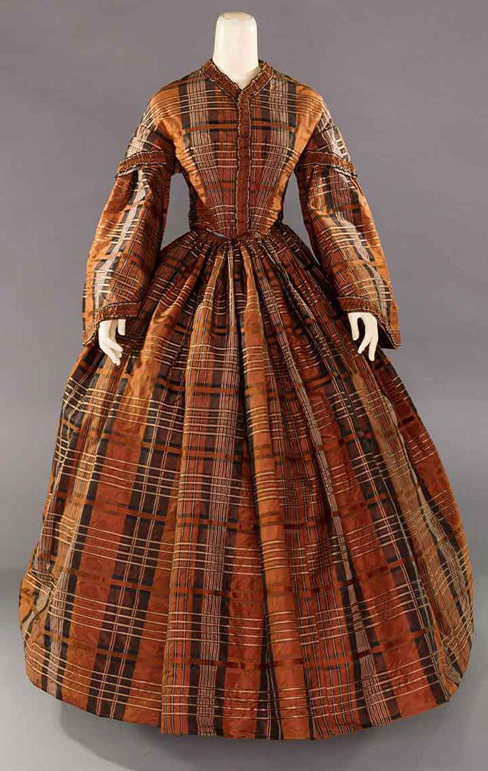 BROWN & BLACK PLAID SILK DAY DRESS, EARLY 1850s (1 of 8)