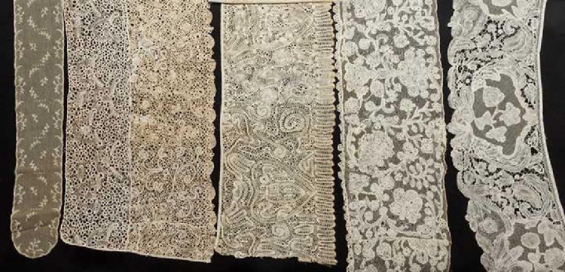FOUR HAND MADE BOBBIN LACE FLOUNCES, 18TH C: 1 Brussels bobbin, 3 blossoms in cartouche w/ 1 large blossom below, 7.5" x 3.6 yds, (petticoat edging, many period mends & m.m. net appliqued to back); 1 Milanese of naturalistic berries & blossoms w