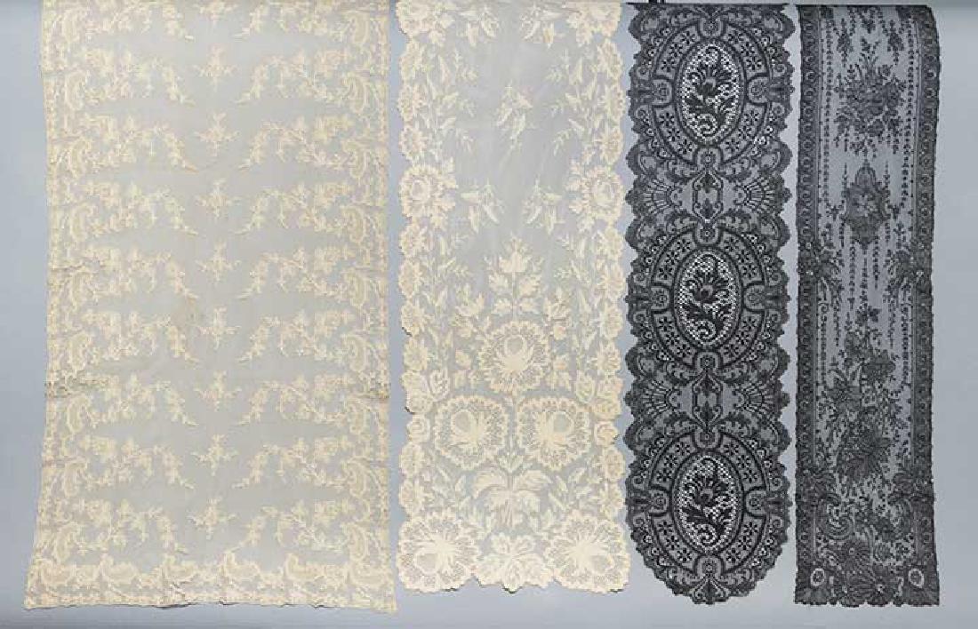 FOUR LACE SCARVES, 1860-1890s: 2 black: 1 hand made (h.m.) Chantilly bobbin lace w/ squared ends, 7" x 60", (few very small holes, edge tear) very good & 1 m.m. Torchon bobbin lace w/ rounded ends, 7.5" x 66", excellent; 2 cream: 1