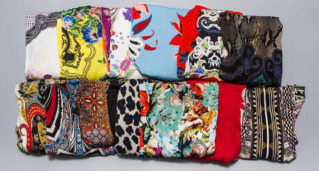 TWELVE ETRO KNIT TOPS, 1990-2000: All w/ fanciful prints, some V & some crew necks, 5 cashmere & silk blend & 7 silk, sizes 46 & 48, (few w/ small stains) very good.